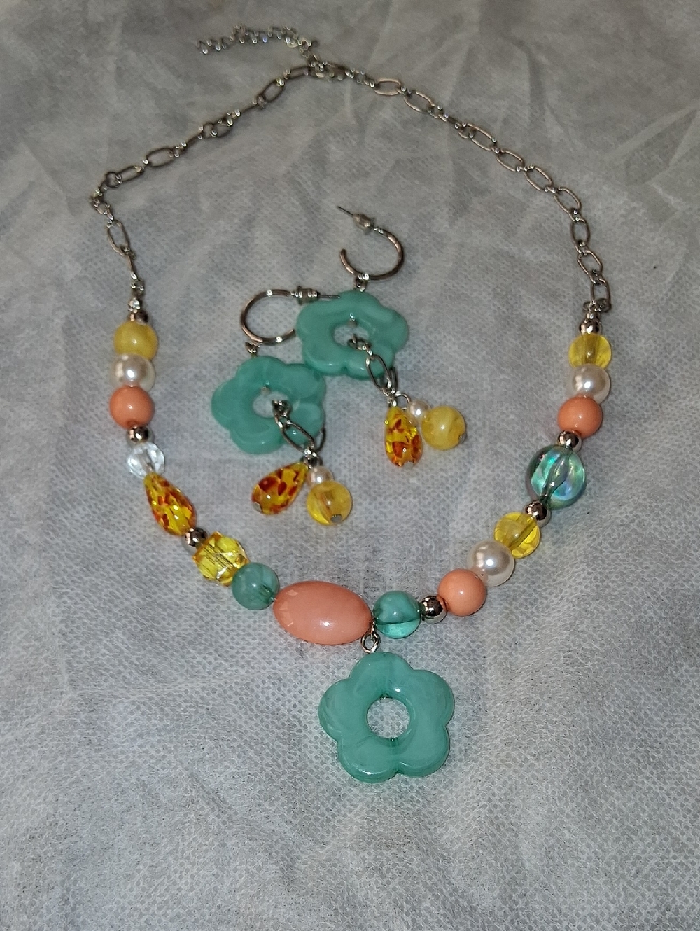 paparazzi Mint Flower Coral & Yellow Bead Necklace with Matching Earrings